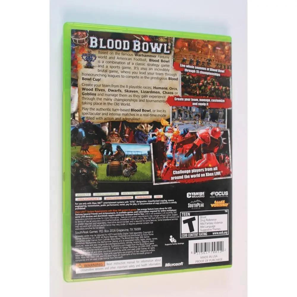 Blood Bowl (Microsoft Xbox 360, 2010) Authentic, Complete, Tested/Works Great